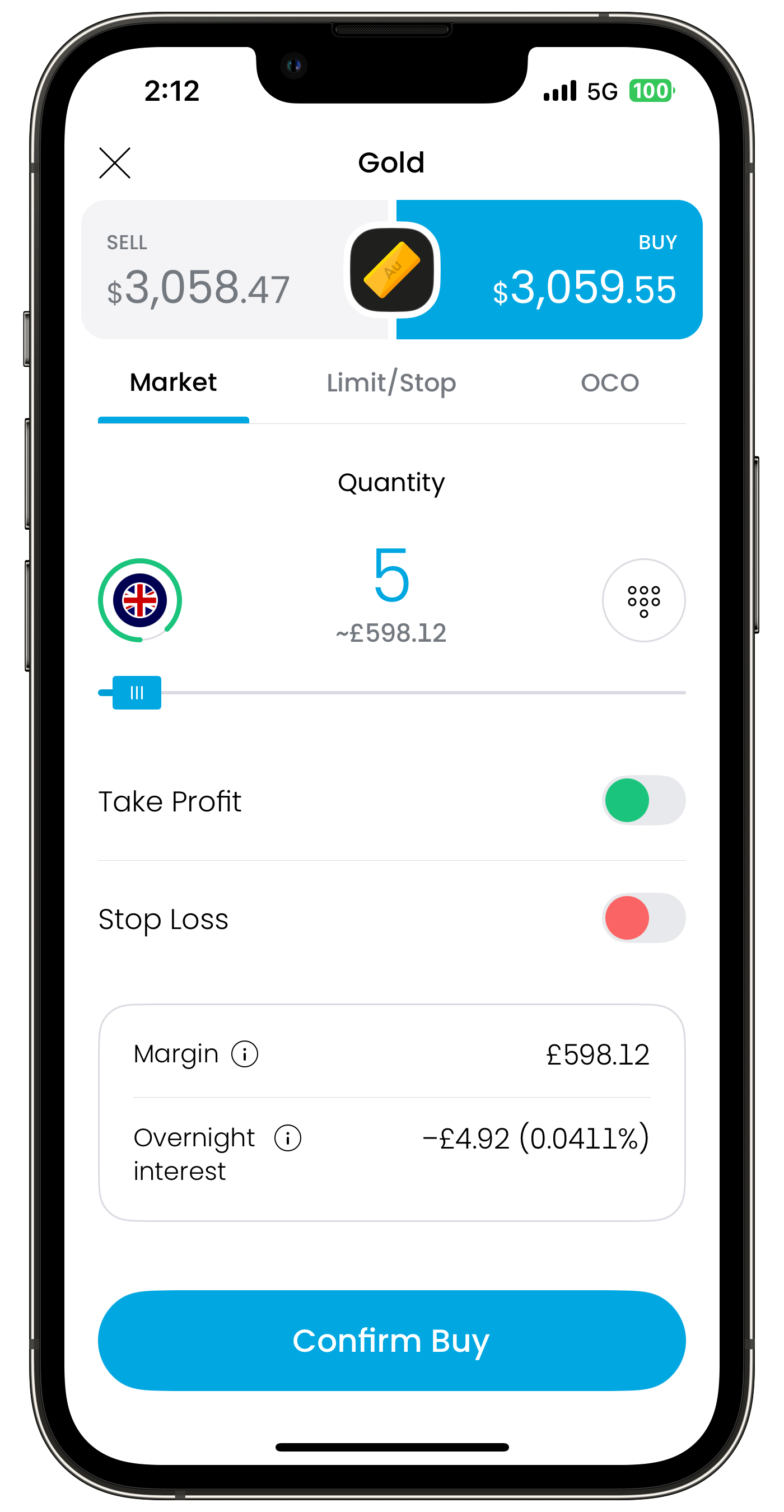 Trading 212 app interface on a smartphone showing gold prices, quantity, take profit, stop loss toggles, and a "Confirm Buy" button.