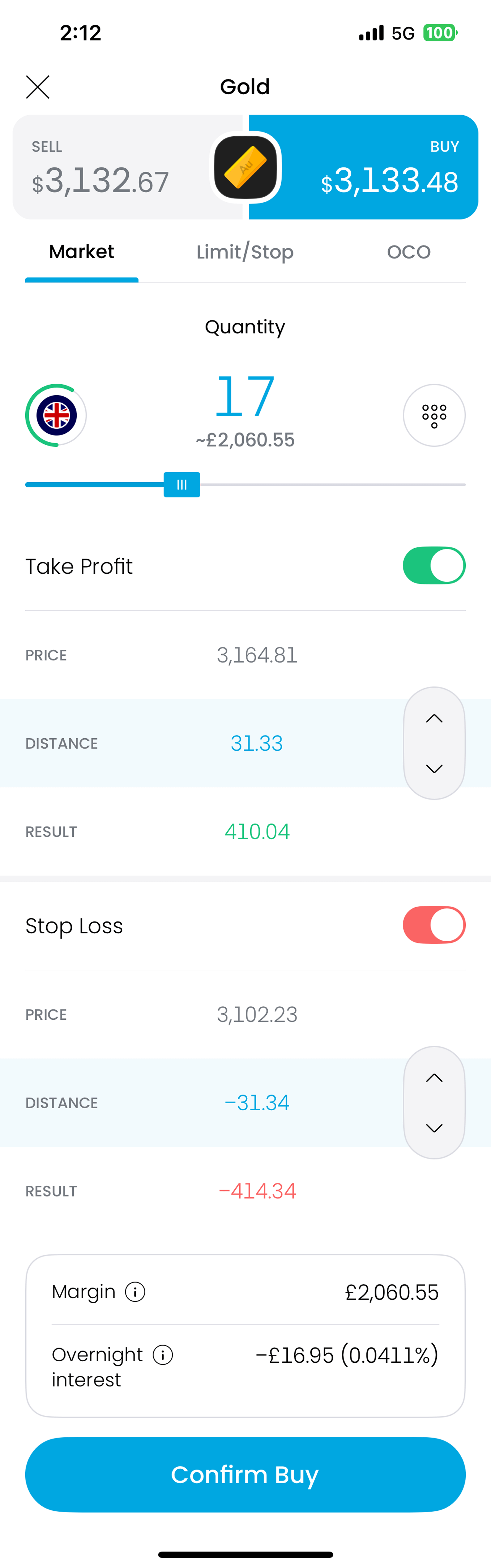 Trading 212 app interface showing gold market details. Includes sell/buy prices, quantity, take profit/stop loss settings, margin, and confirm buy button.