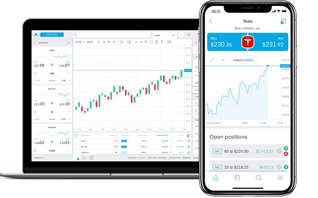Trading 212 interface displayed on a laptop and smartphone, showing stock market charts and trading options, including a Tesla stock price graph on the mobile screen.